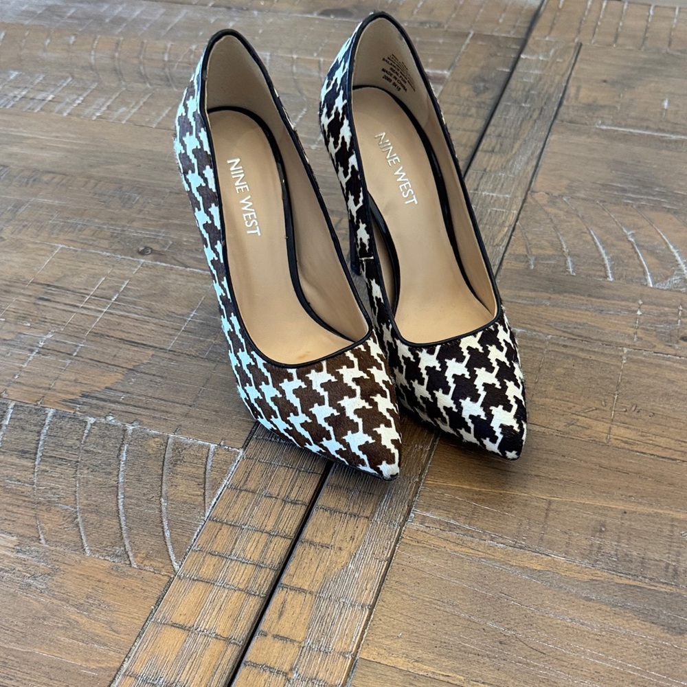 Nine West Brown and White Houndstooth Heels
